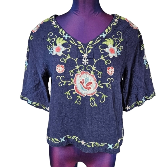 Mur Mur Blue Gauzy Floral‎ Embroidered Peasant Top Size Medium Women's R22 - Picture 1 of 8